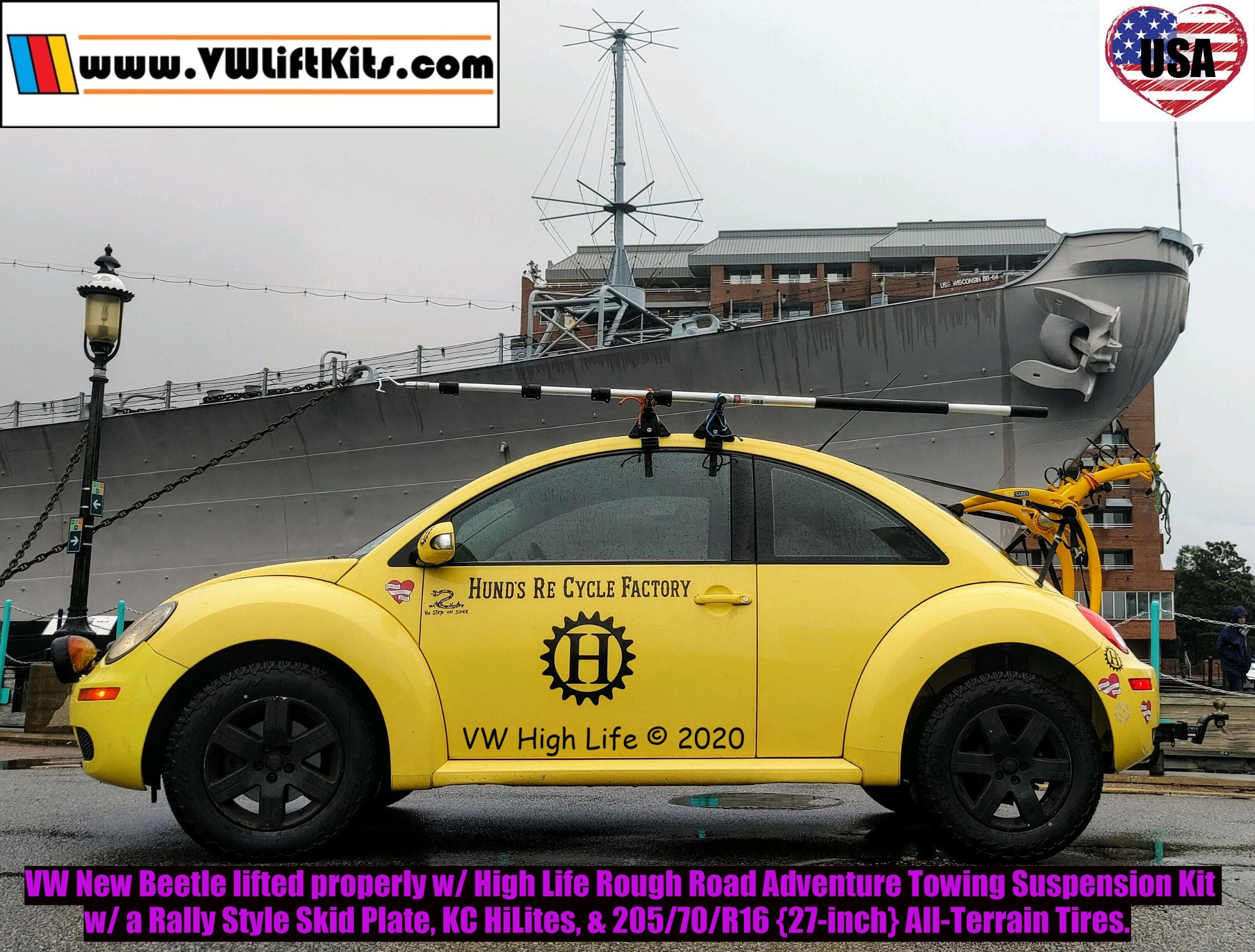 VW New Beetle Adventure Bug raised properly w/ the VW High Life Rough Road Towing Package.